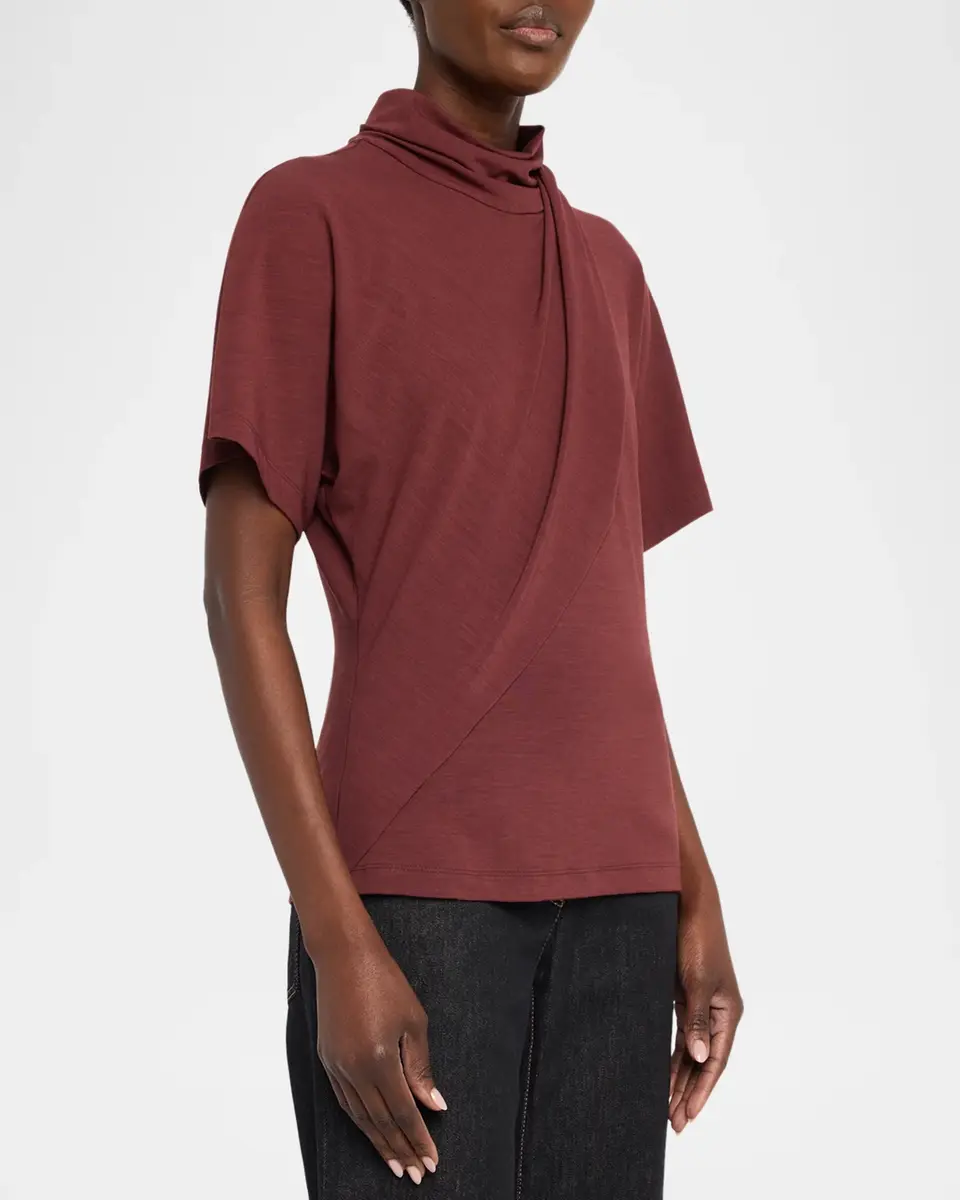 Brunello Cucinelli Mock-Neck Draped Jersey Short-Sleeve T-Shirt | Thumbnail 4