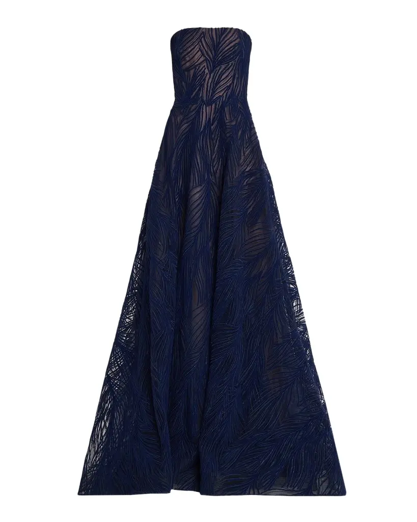 Naeem Khan Strapless Light Velvet Embroidered A-Line Gown