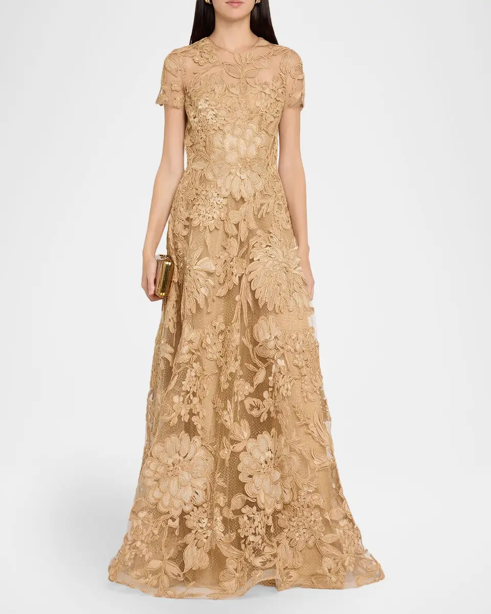 Naeem Khan Floral Raffia Short-Sleeve Gown | Thumbnail 2 Naeem Khan Floral Raffia Short-Sleeve Gown | Thumbnail 2