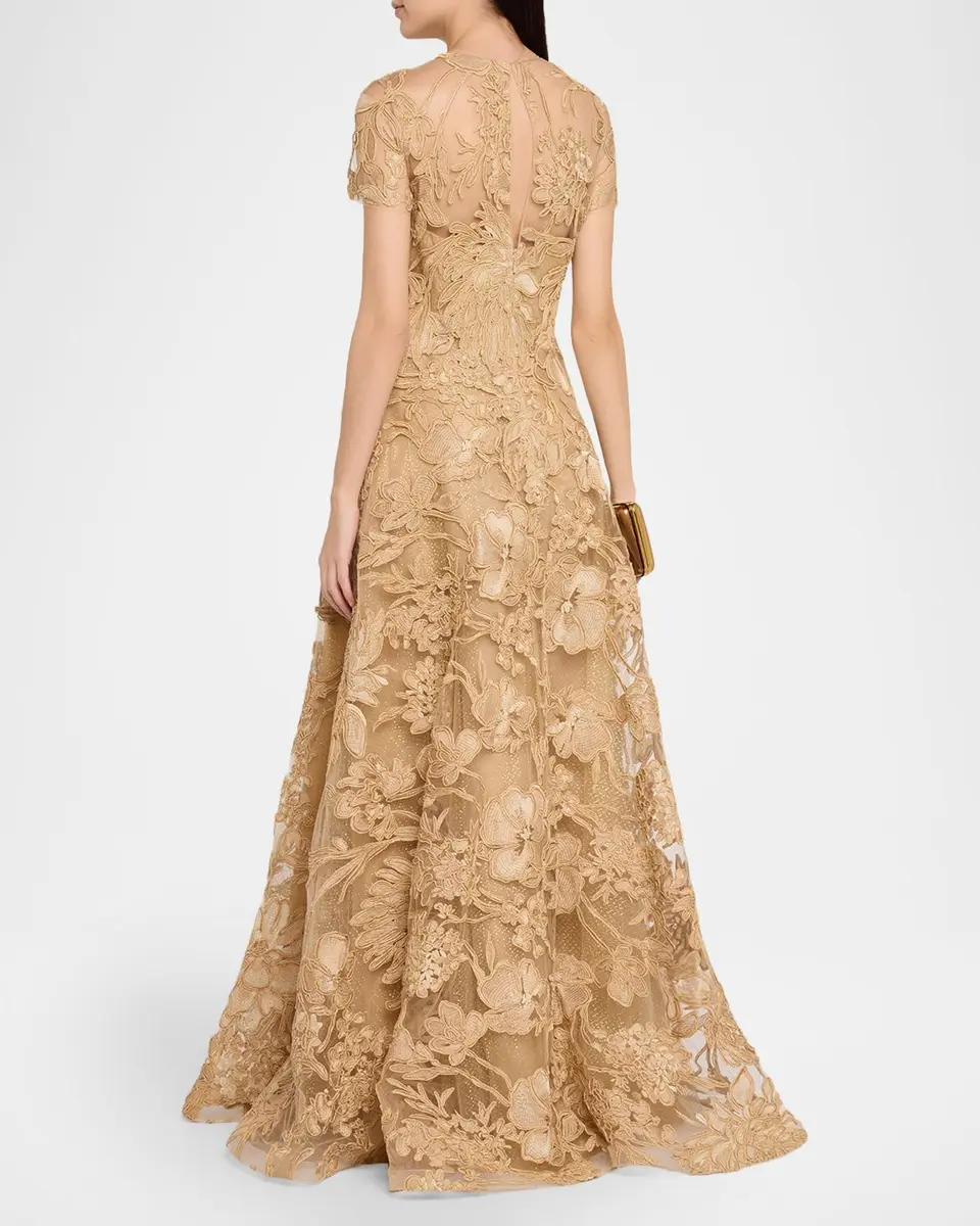 Naeem Khan Floral Raffia Short-Sleeve Gown | Thumbnail 3 Naeem Khan Floral Raffia Short-Sleeve Gown | Thumbnail 3