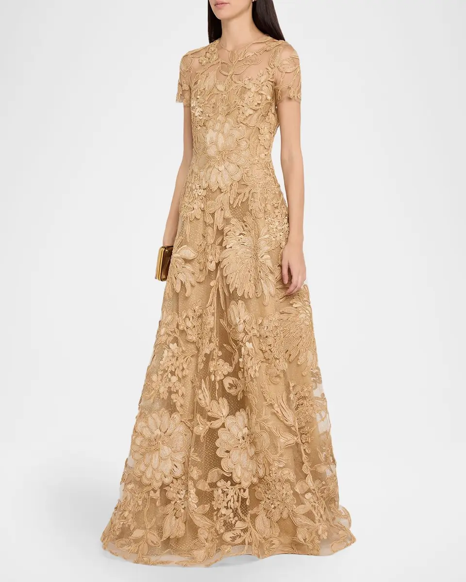 Naeem Khan Floral Raffia Short-Sleeve Gown | Thumbnail 4 Naeem Khan Floral Raffia Short-Sleeve Gown | Thumbnail 4
