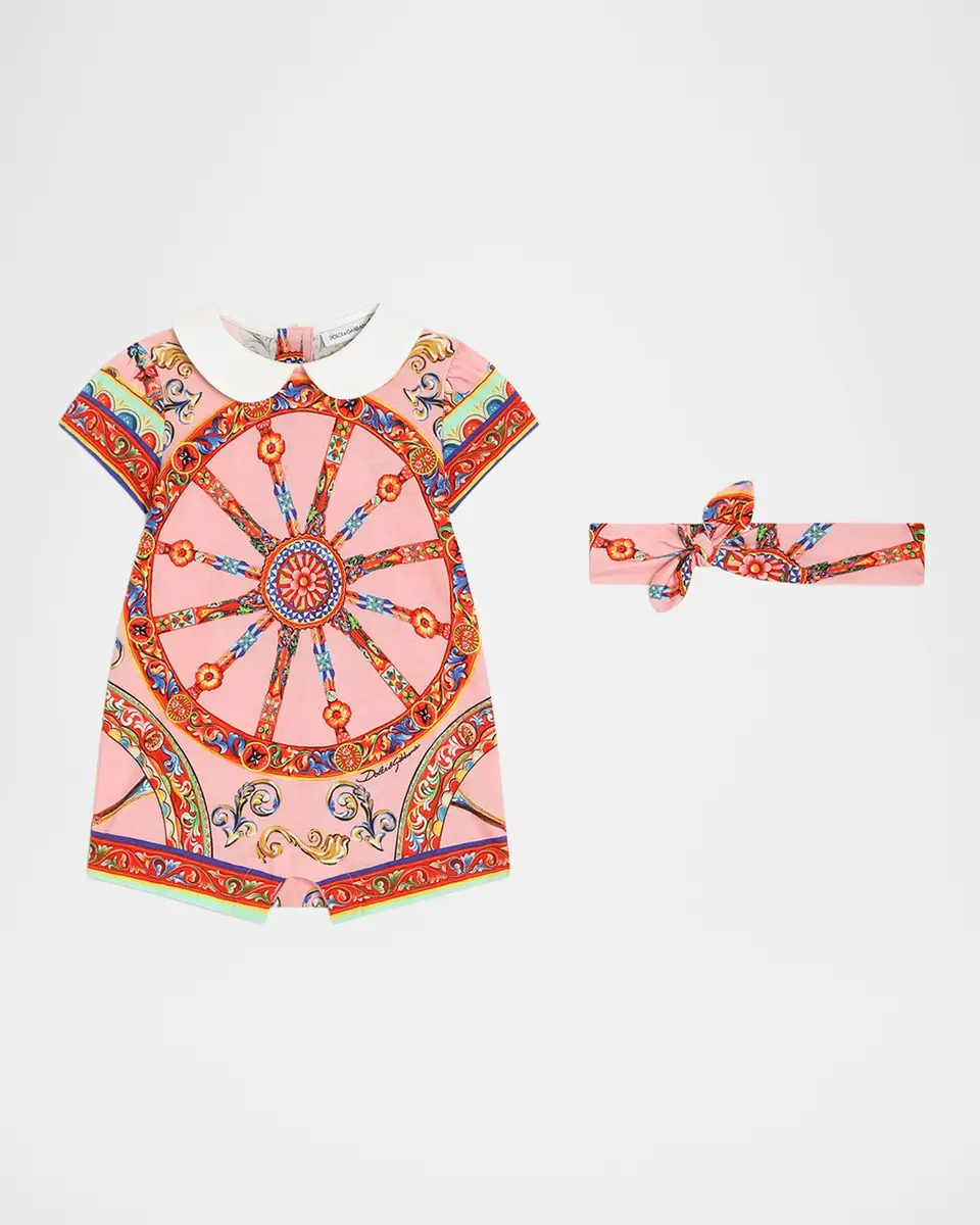Dolce & Gabbana Girl's Carretto-Print Romper & Headband Set | Thumbnail 3