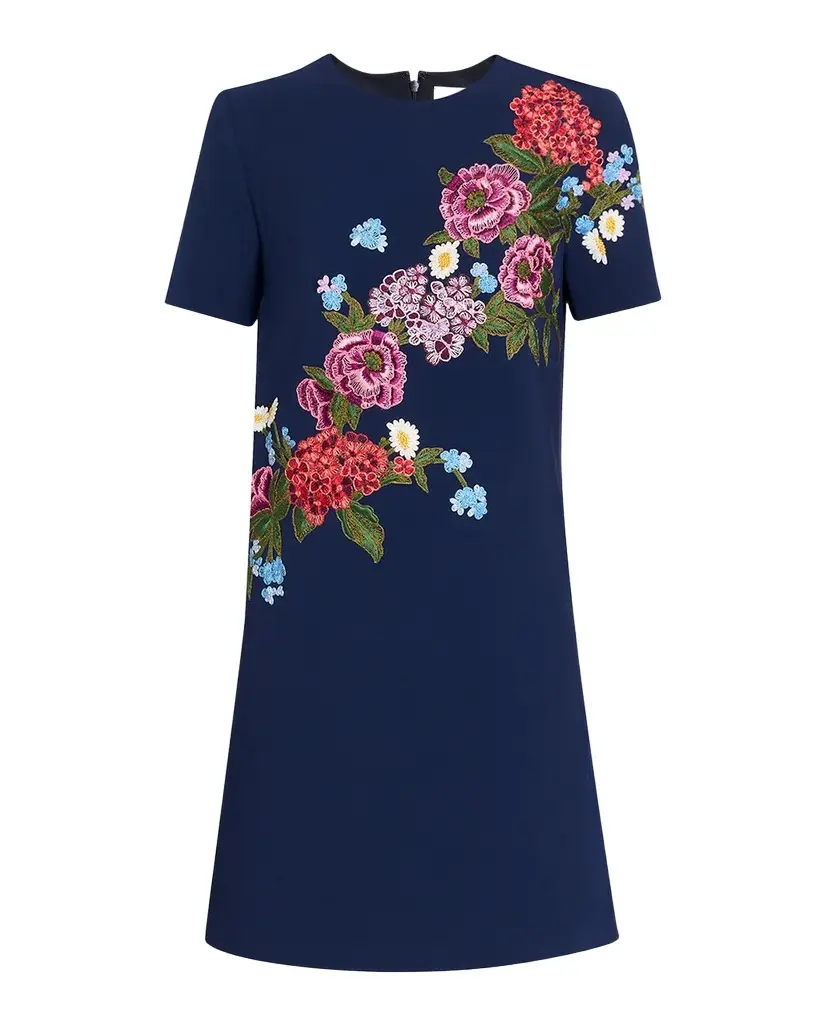 Carolina Herrera Floral Embroidered Crepe Short-Sleeve Mini Dress | Image 1 Carolina Herrera Floral Embroidered Crepe Short-Sleeve Mini Dress | Image 1