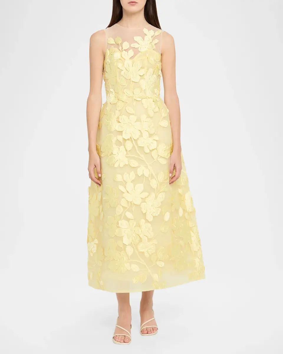 MONIQUE LHUILLIER Sleeveless Floral Tulle Illusion Tea-Length Dress | Thumbnail 2 MONIQUE LHUILLIER Sleeveless Floral Tulle Illusion Tea-Length Dress | Thumbnail 2