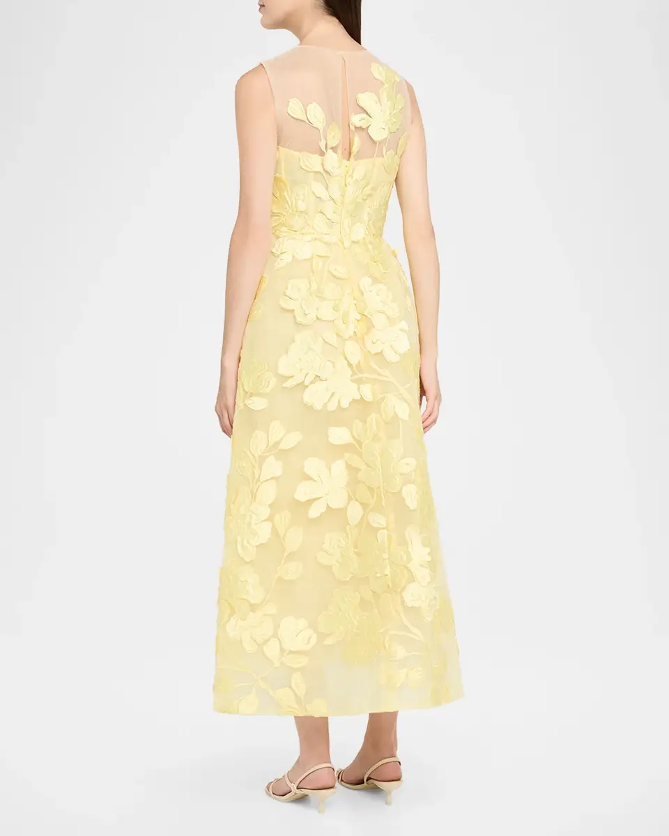 MONIQUE LHUILLIER Sleeveless Floral Tulle Illusion Tea-Length Dress | Thumbnail 3 MONIQUE LHUILLIER Sleeveless Floral Tulle Illusion Tea-Length Dress | Thumbnail 3