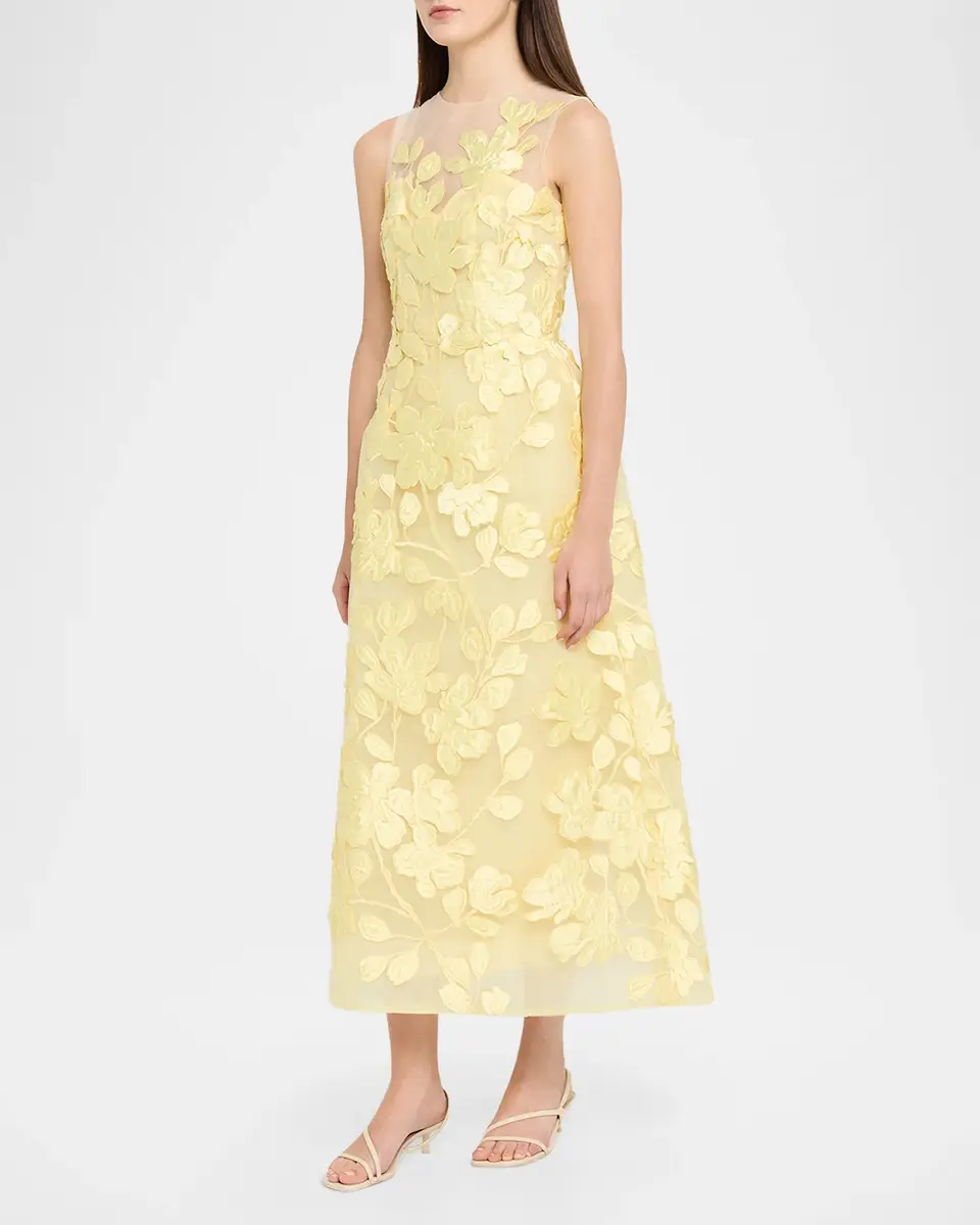MONIQUE LHUILLIER Sleeveless Floral Tulle Illusion Tea-Length Dress | Thumbnail 4 MONIQUE LHUILLIER Sleeveless Floral Tulle Illusion Tea-Length Dress | Thumbnail 4