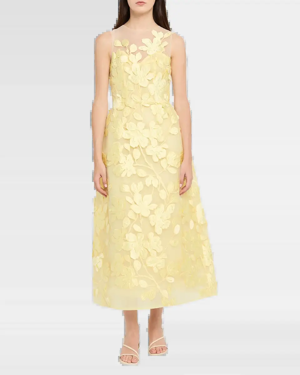 MONIQUE LHUILLIER Sleeveless Floral Tulle Illusion Tea-Length Dress | Thumbnail 6 MONIQUE LHUILLIER Sleeveless Floral Tulle Illusion Tea-Length Dress | Thumbnail 6