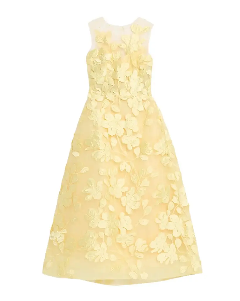 Monique Lhuillier Sleeveless Floral Tulle Illusion Tea-Length Dress | Image 1 Monique Lhuillier Sleeveless Floral Tulle Illusion Tea-Length Dress | Image 1