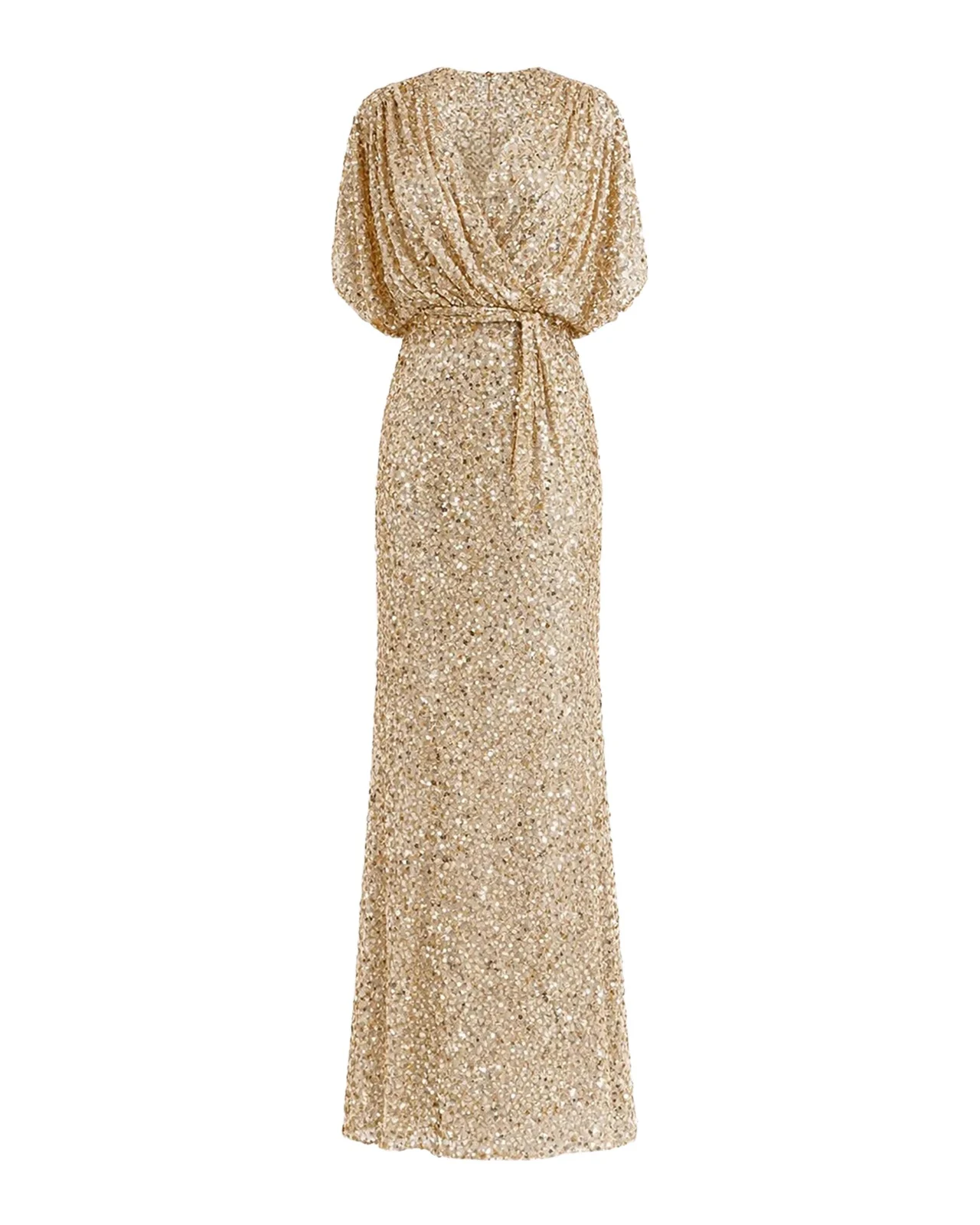 Sequined Draped-Sleeve Gown
