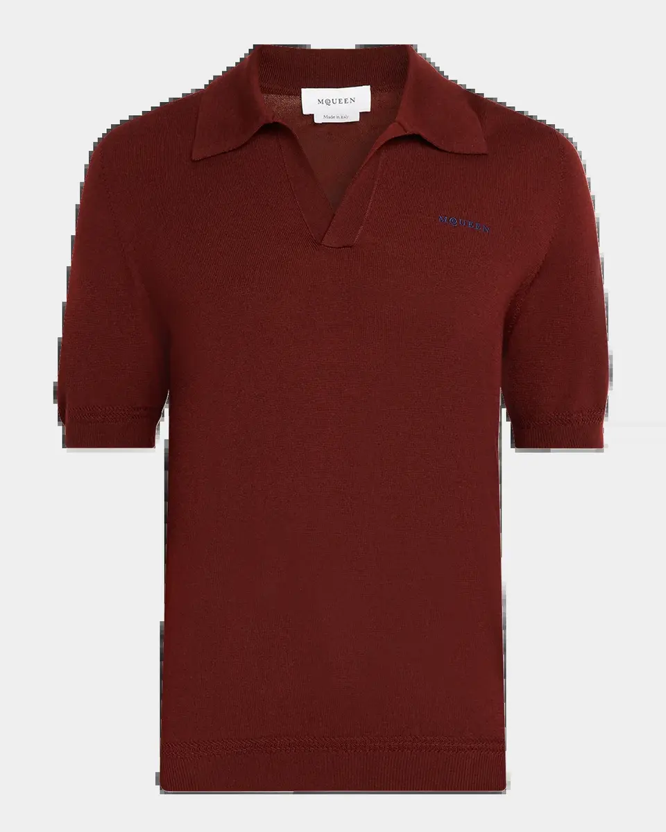 Alexander McQueen Men's Wool Knit Johnny Collar Short-Sleeve Polo Sweater | Thumbnail 2