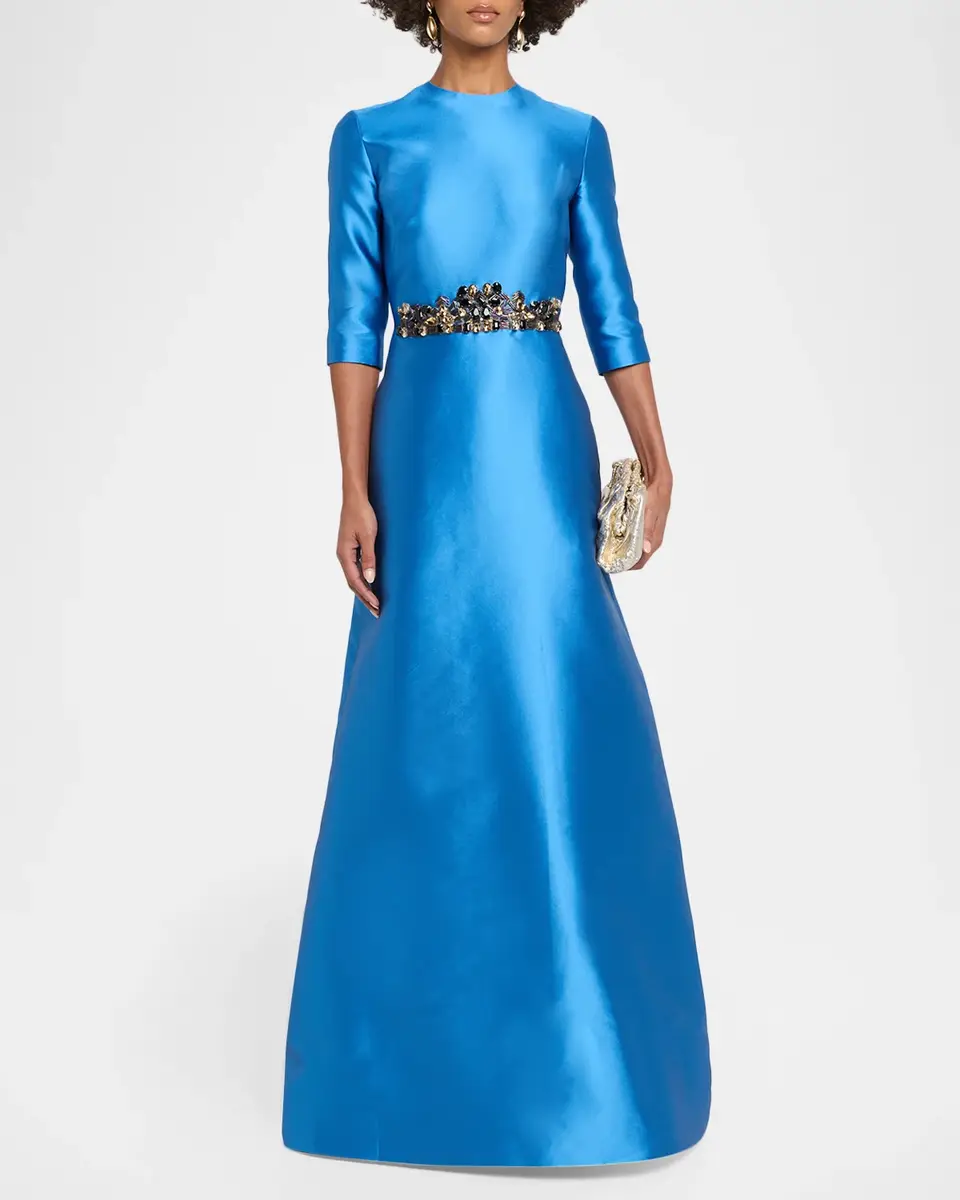 Reem Acra Crystal Embellished Mikado Silk 3/4-Sleeve Gown | Thumbnail 2 Reem Acra Crystal Embellished Mikado Silk 3/4-Sleeve Gown | Thumbnail 2