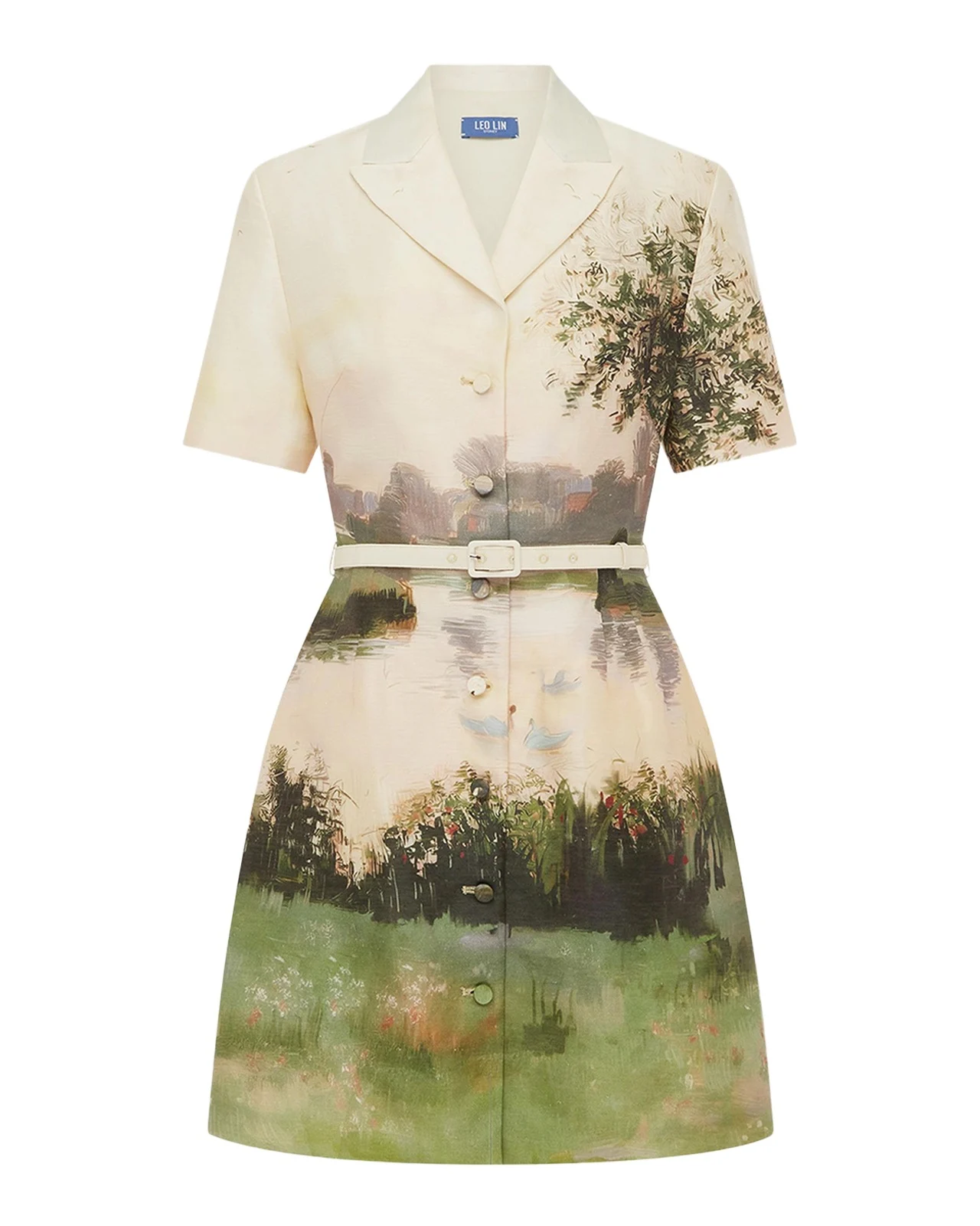 Brigitte Belted Landscape-Print Mini Dress