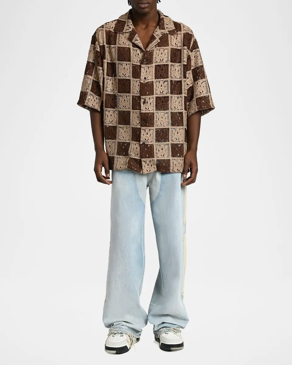 AMIRI Men's Crochet MA-Knit Checkerboard Short-Sleeve Shirt | Thumbnail 2 AMIRI Men's Crochet MA-Knit Checkerboard Short-Sleeve Shirt | Thumbnail 2