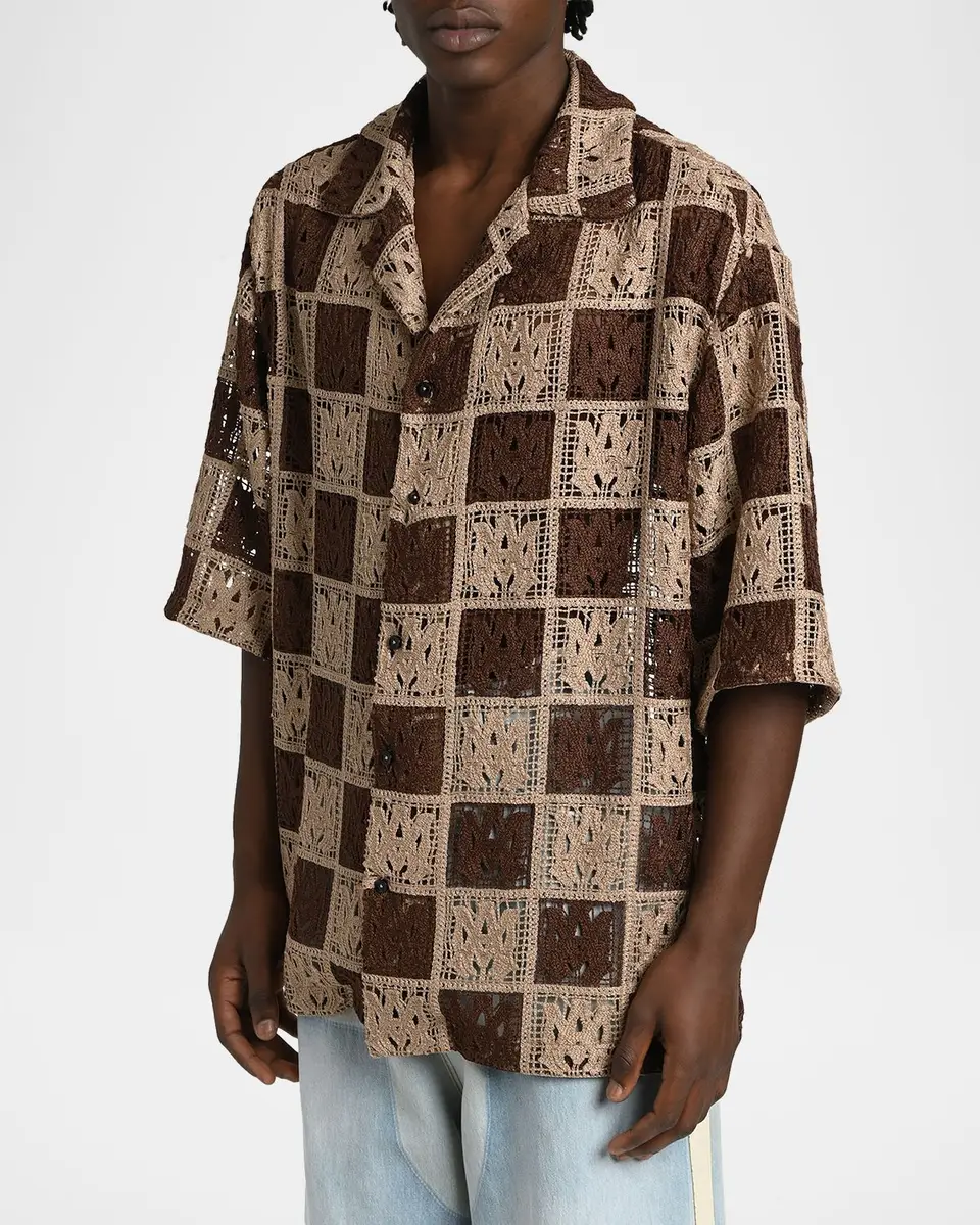 AMIRI Men's Crochet MA-Knit Checkerboard Short-Sleeve Shirt | Thumbnail 4 AMIRI Men's Crochet MA-Knit Checkerboard Short-Sleeve Shirt | Thumbnail 4