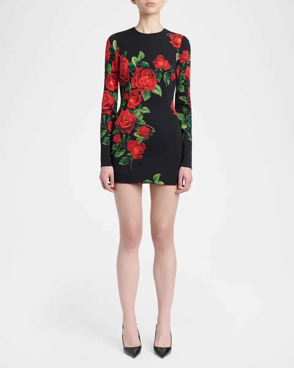 Dolce & Gabbana Rose-Print Silk Long-Sleeve Mini Dress | Thumbnail 2