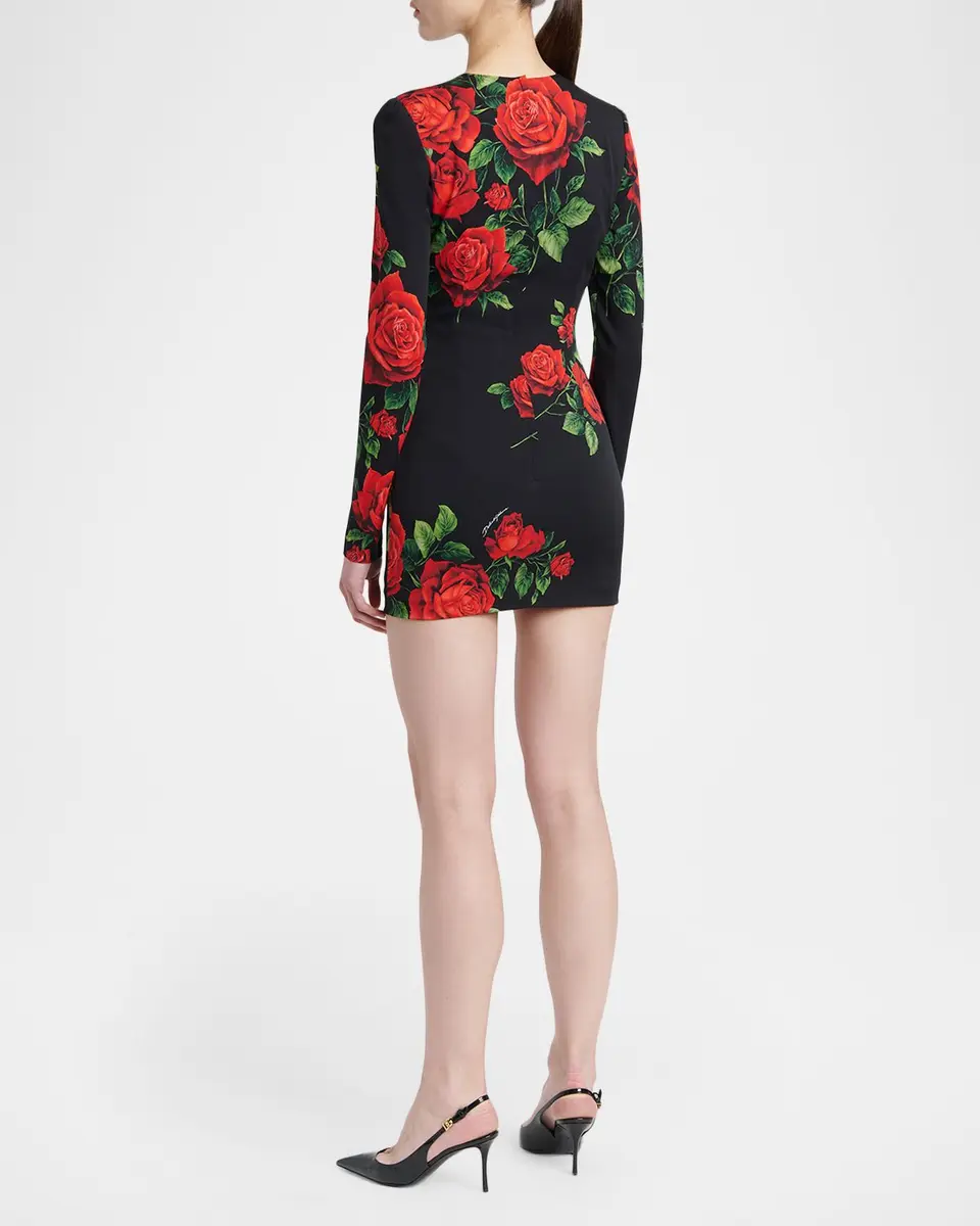 Dolce & Gabbana Rose-Print Silk Long-Sleeve Mini Dress | Thumbnail 3
