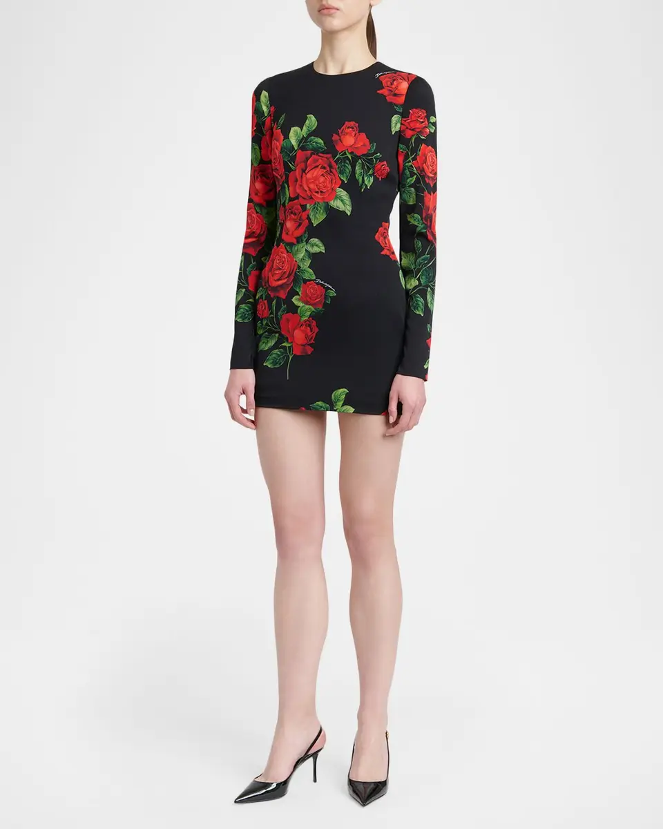 Dolce & Gabbana Rose-Print Silk Long-Sleeve Mini Dress | Thumbnail 4