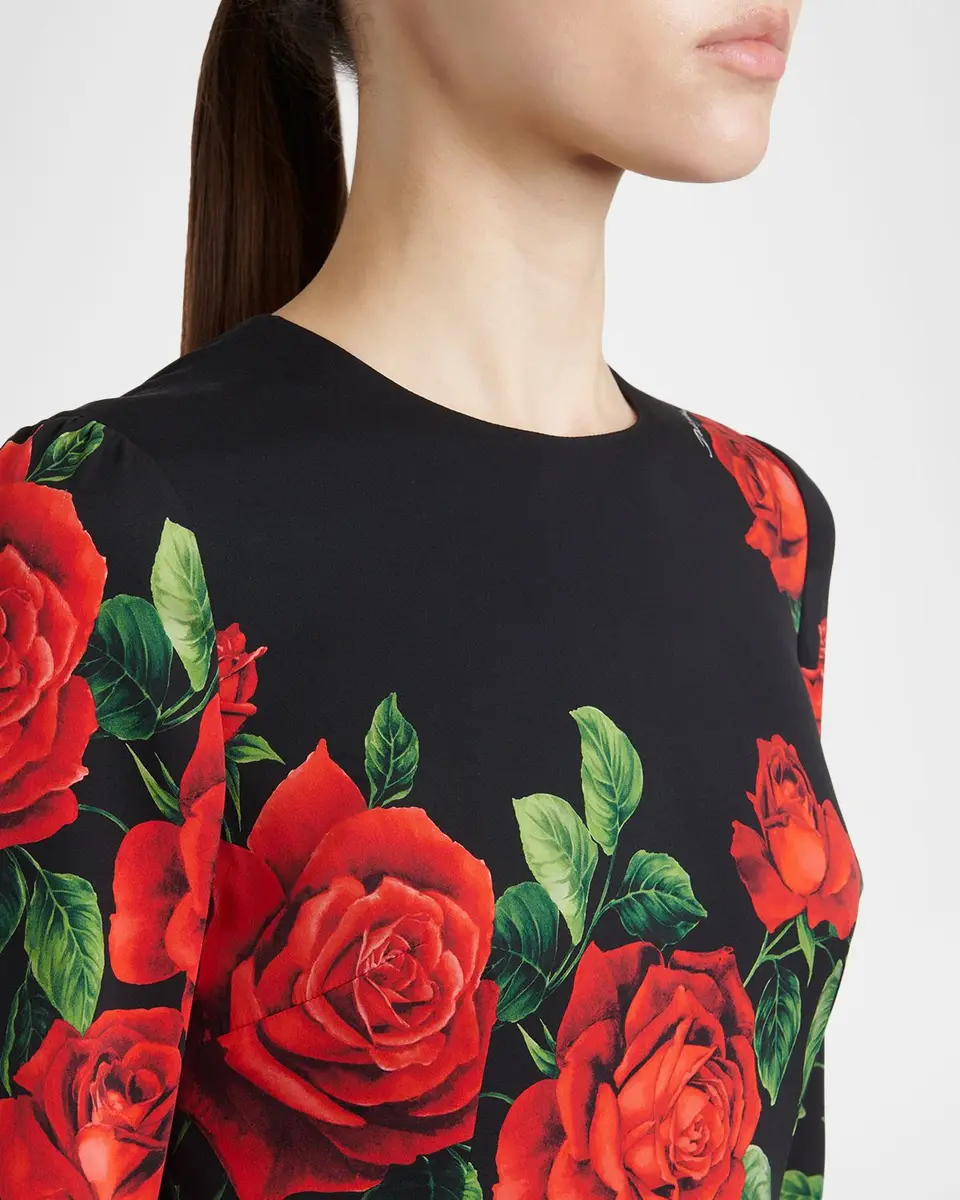 Dolce & Gabbana Rose-Print Silk Long-Sleeve Mini Dress | Thumbnail 5