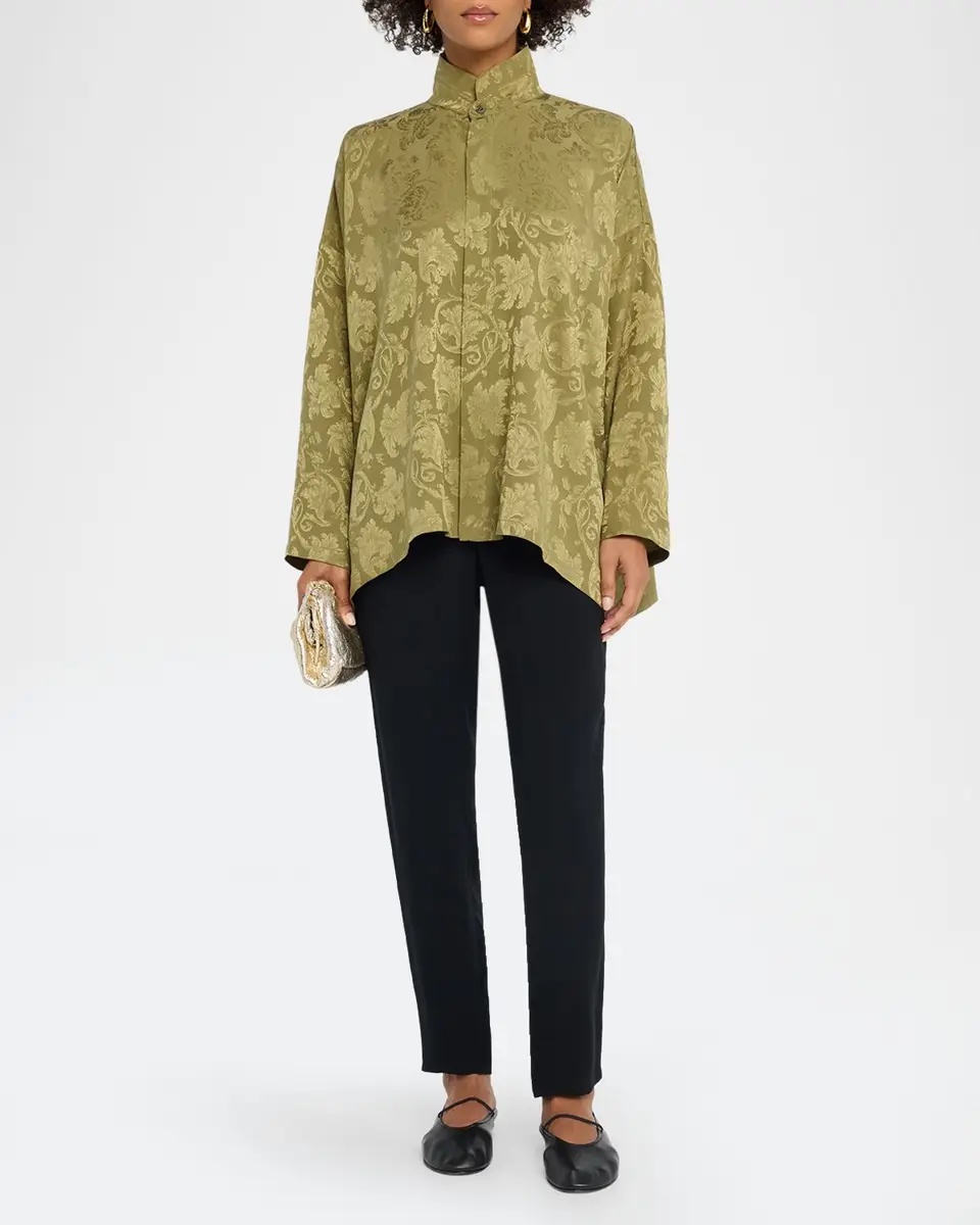 Eskandar Silk Jacquard Wide A-Line Double Stand Collar Shirt | Thumbnail 2 Eskandar Silk Jacquard Wide A-Line Double Stand Collar Shirt | Thumbnail 2