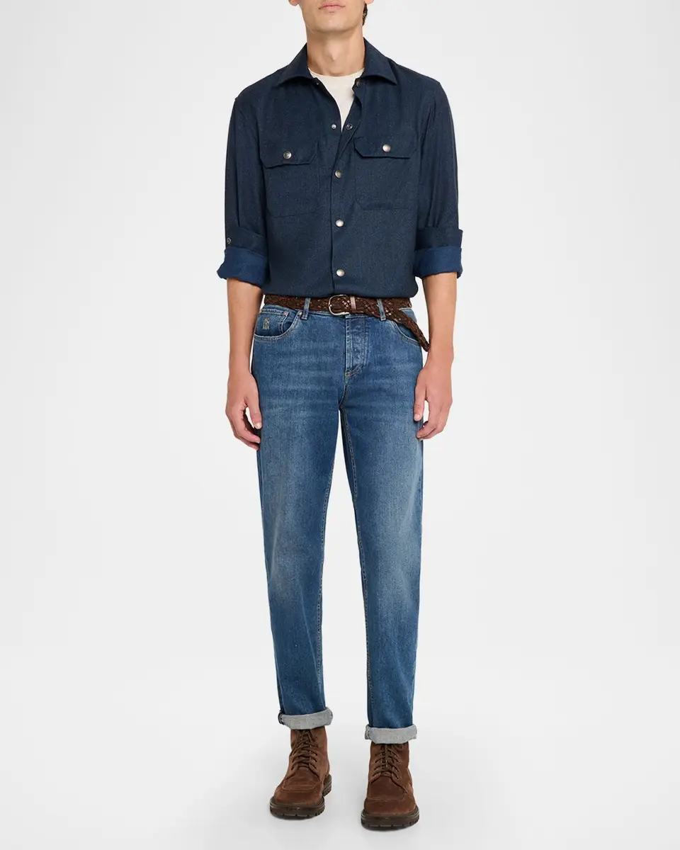 Brunello Cucinelli Men's Wool Snap-Front Overshirt | Thumbnail 2