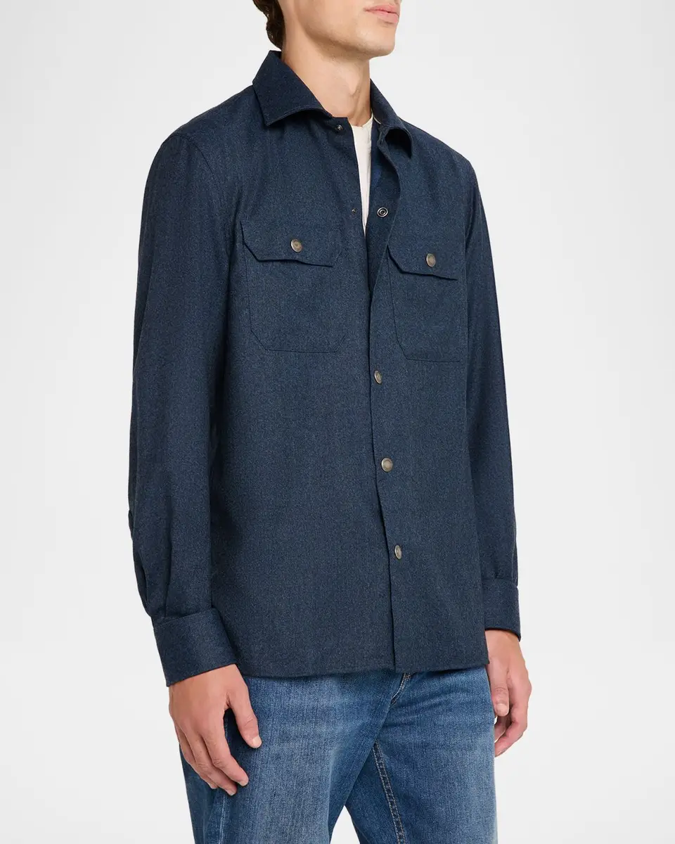 Brunello Cucinelli Men's Wool Snap-Front Overshirt | Thumbnail 4