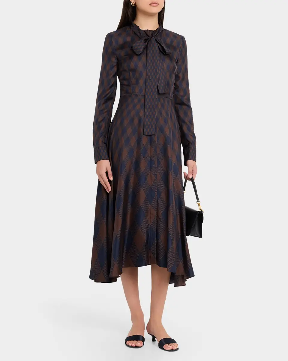 Oscar de la Renta Long-Sleeve Tie-Neck Argyle Silk Midi Dress | Thumbnail 2