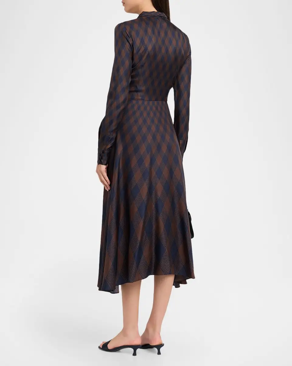 Oscar de la Renta Long-Sleeve Tie-Neck Argyle Silk Midi Dress | Thumbnail 3