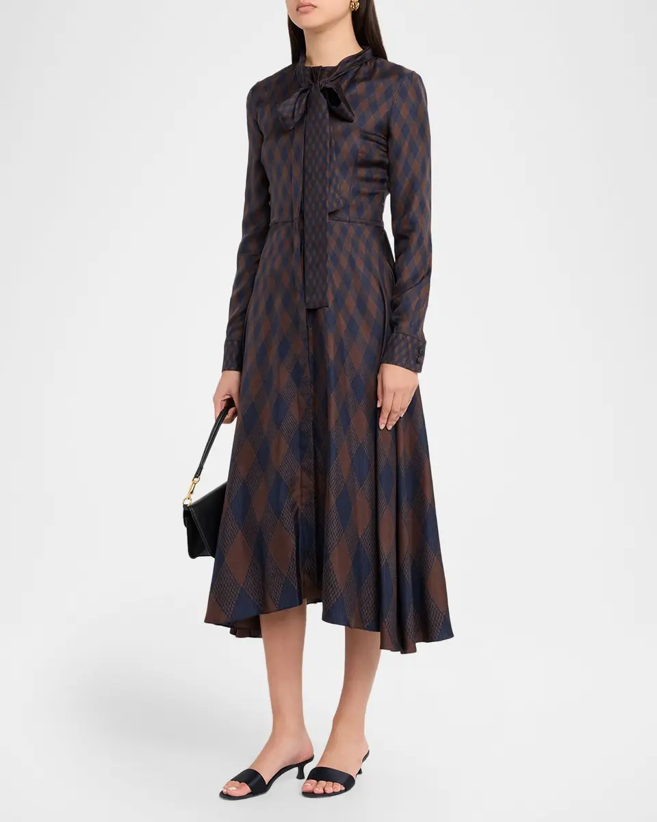 Oscar de la Renta Long-Sleeve Tie-Neck Argyle Silk Midi Dress | Thumbnail 4