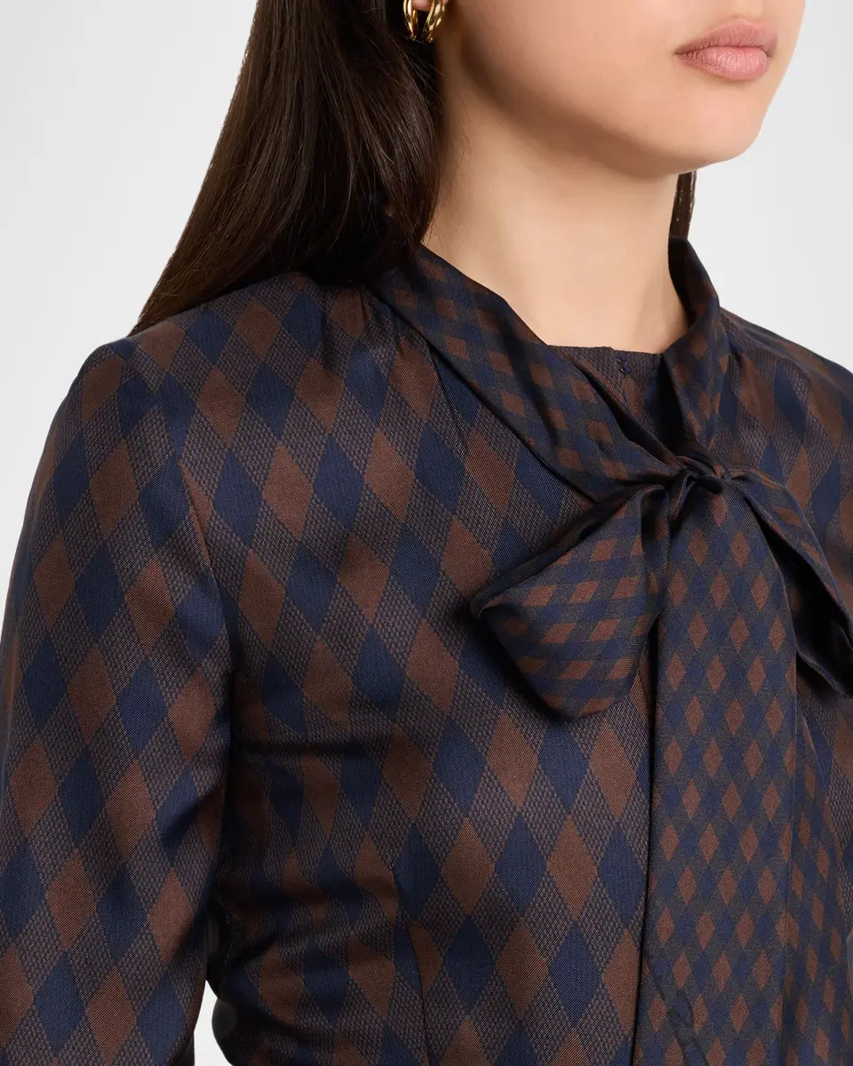 Oscar de la Renta Long-Sleeve Tie-Neck Argyle Silk Midi Dress | Thumbnail 5