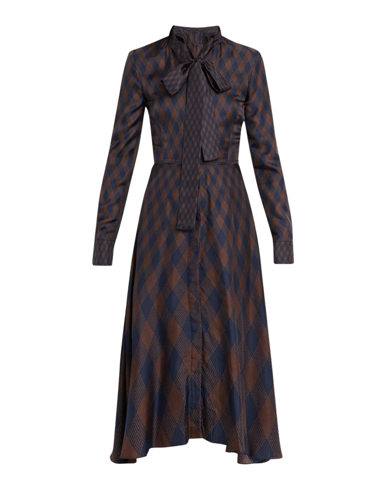 Oscar de la Renta Long-Sleeve Tie-Neck Argyle Silk Midi Dress