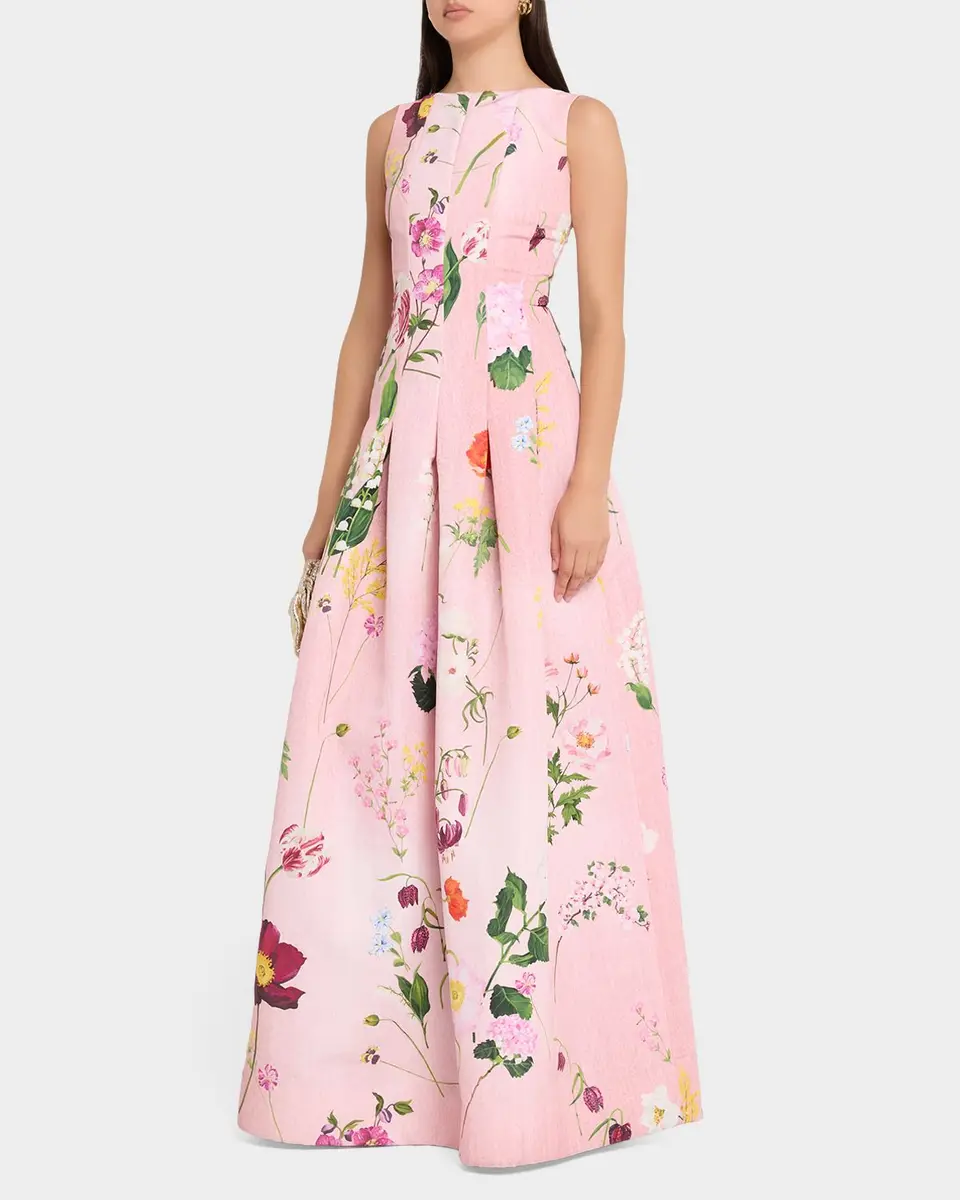 Oscar de la Renta Mixed Botanical Print Cotton Pleated Sleeveless Gown | Thumbnail 4 Oscar de la Renta Mixed Botanical Print Cotton Pleated Sleeveless Gown | Thumbnail 4