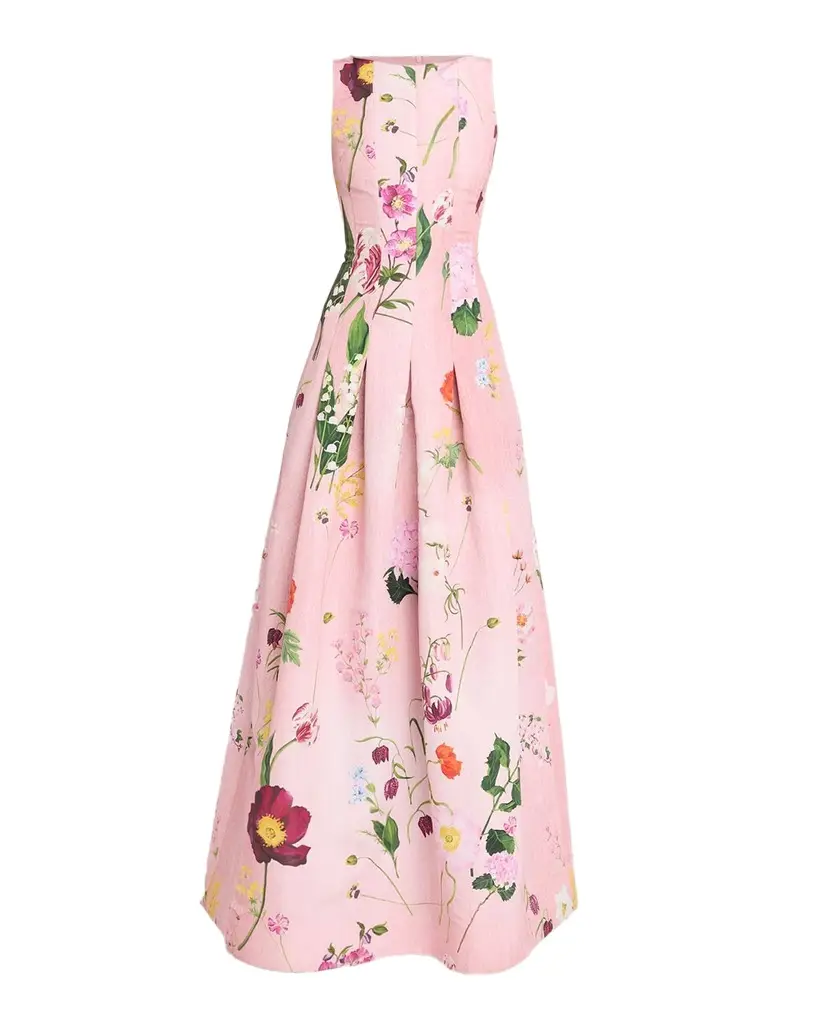 Oscar de la Renta Mixed Botanical Print Cotton Pleated Sleeveless Gown | Image 1 Oscar de la Renta Mixed Botanical Print Cotton Pleated Sleeveless Gown | Image 1