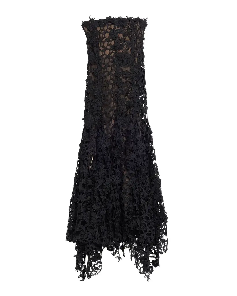 Oscar de la Renta Strapless Floral Lace Handkerchief Godet Ankle Dress | Image 1 Oscar de la Renta Strapless Floral Lace Handkerchief Godet Ankle Dress | Image 1