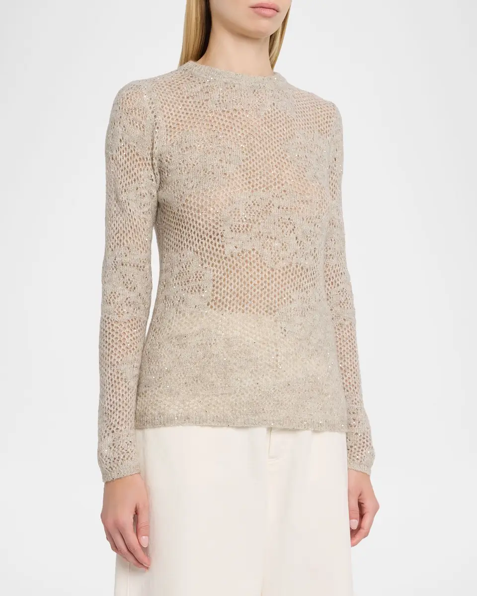 Brunello Cucinelli Wool-Mohair Diamante Openwork Sweater | Thumbnail 4