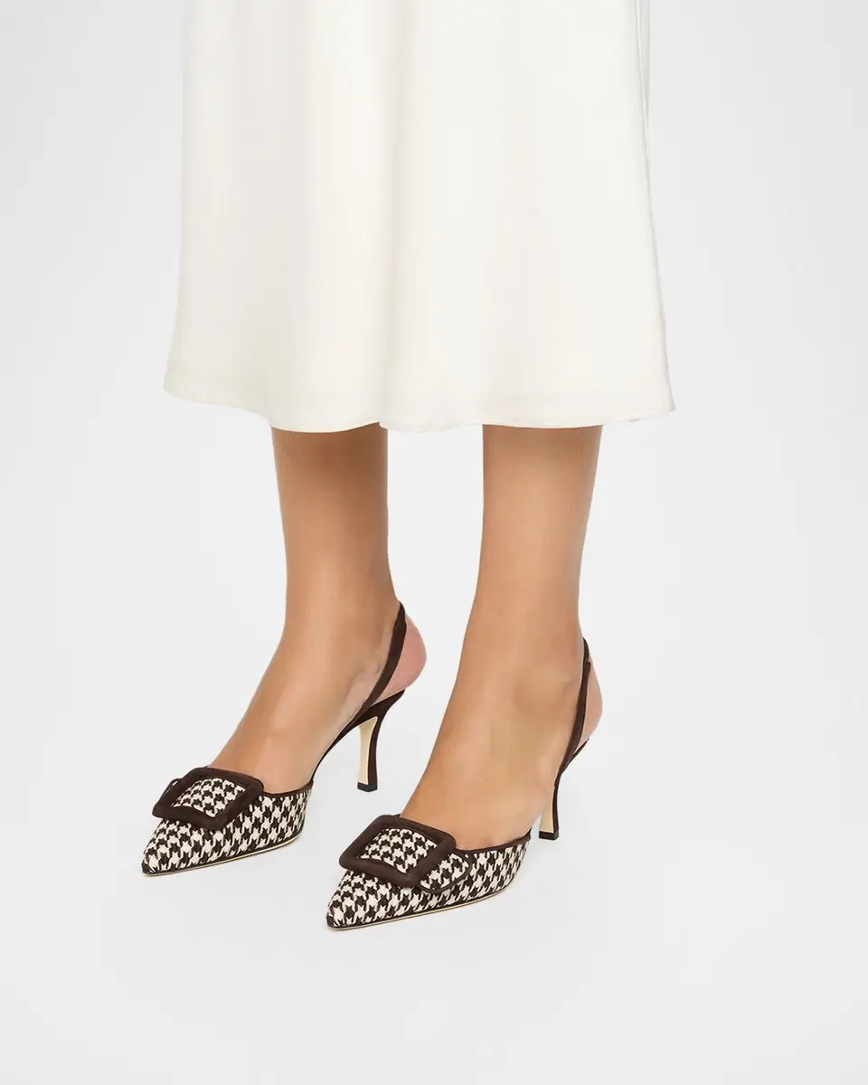 Manolo Blahnik 70mm Mayslibi Houndstooth Tweed and Suede Slingback Pumps | Thumbnail 2