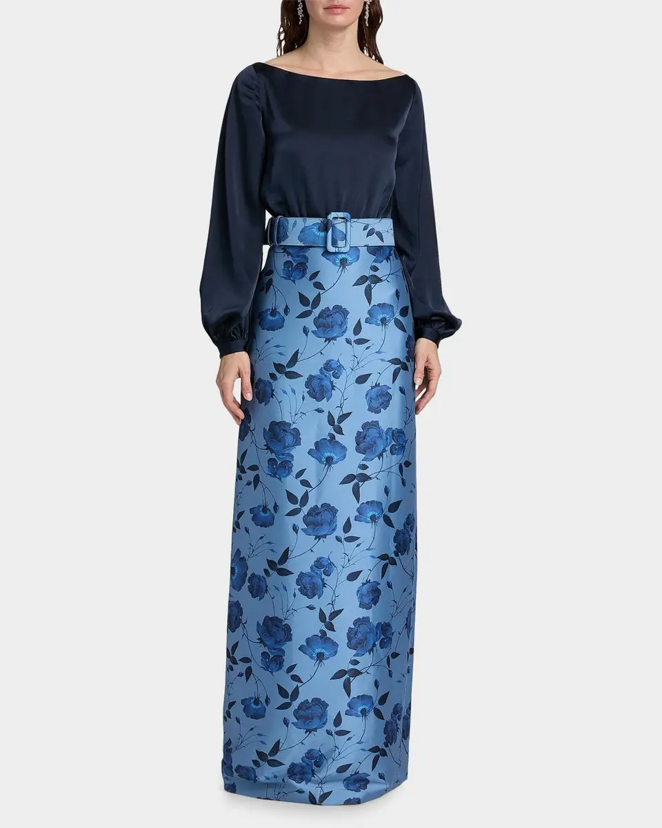 SACHIN & BABI Astor Satin Belted Floral Gown | Thumbnail 4