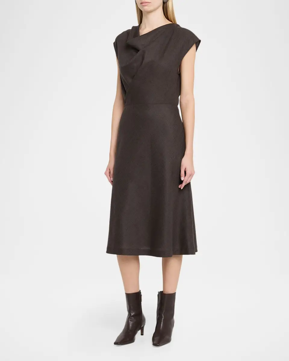 Brunello Cucinelli Fluid Wool Twill Cowl-Neck Midi Dress | Thumbnail 4 Brunello Cucinelli Fluid Wool Twill Cowl-Neck Midi Dress | Thumbnail 4