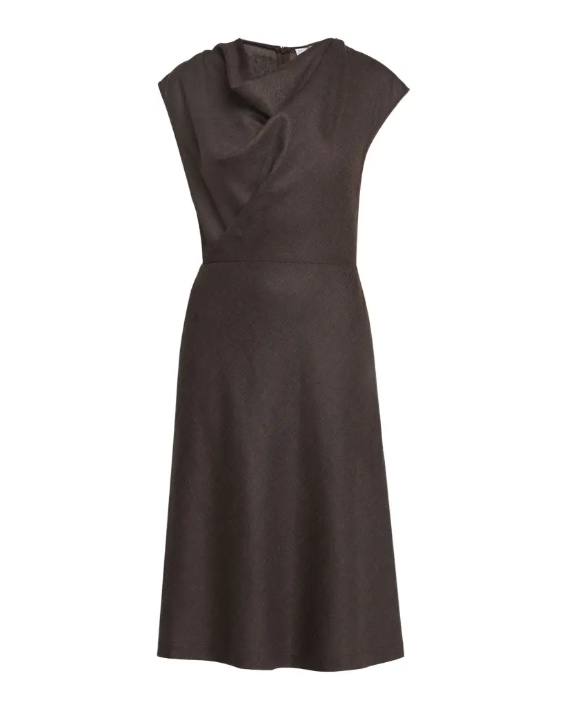 Brunello Cucinelli Fluid Wool Twill Cowl-Neck Midi Dress | Image 1 Brunello Cucinelli Fluid Wool Twill Cowl-Neck Midi Dress | Image 1
