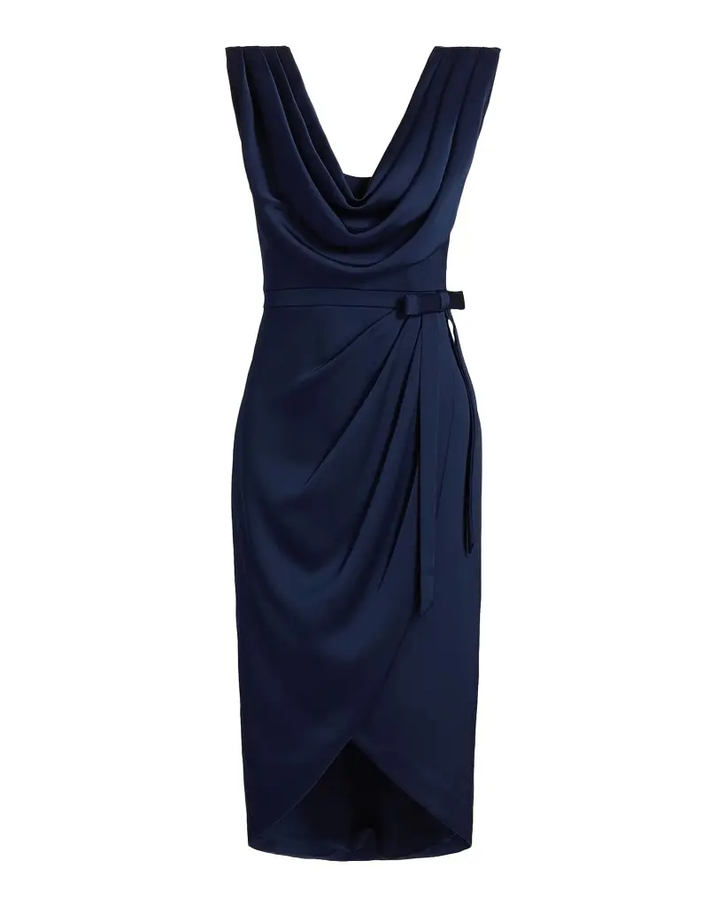Theia Stephanie Satin Wrap Midi Cocktail Dress | Image 1 Theia Stephanie Satin Wrap Midi Cocktail Dress | Image 1