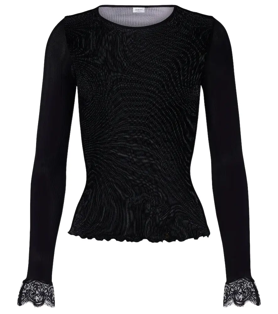 Saint Laurent Lace-trimmed ribbed-knit silk top | Image 1 Saint Laurent Lace-trimmed ribbed-knit silk top | Image 1