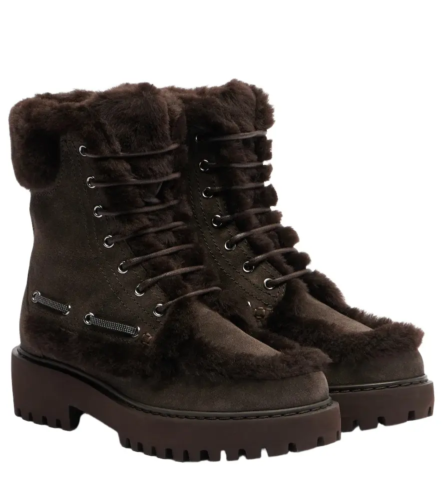 Brunello Cucinelli Monili shearling-trimmed suede lace-up boots | Image 1 Brunello Cucinelli Monili shearling-trimmed suede lace-up boots | Image 1