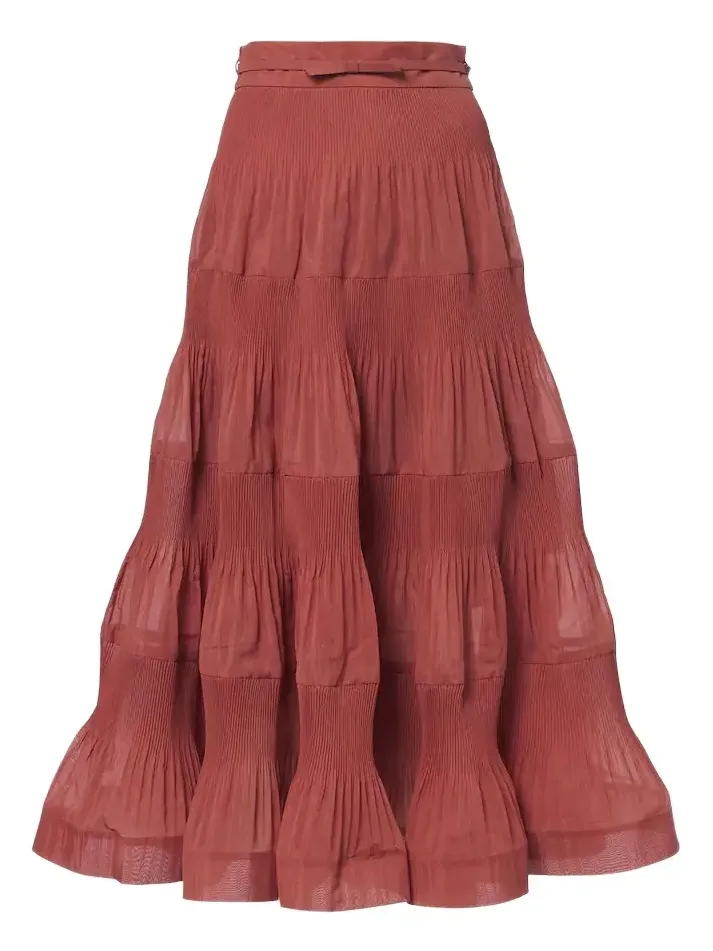 Belted pleated midi skirt
