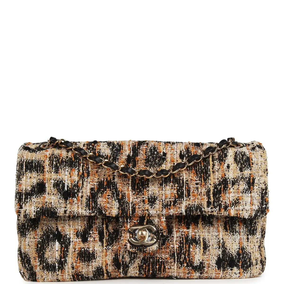 Chanel Chanel Maxi Leopard Print "Souplissimo" Small Flap Bag Brown, Black, White Tweed, Mixed Fibers Gold Hardware | Image 1 Chanel Chanel Maxi Leopard Print "Souplissimo" Small Flap Bag Brown, Black, White Tweed, Mixed Fibers Gold Hardware | Image 1