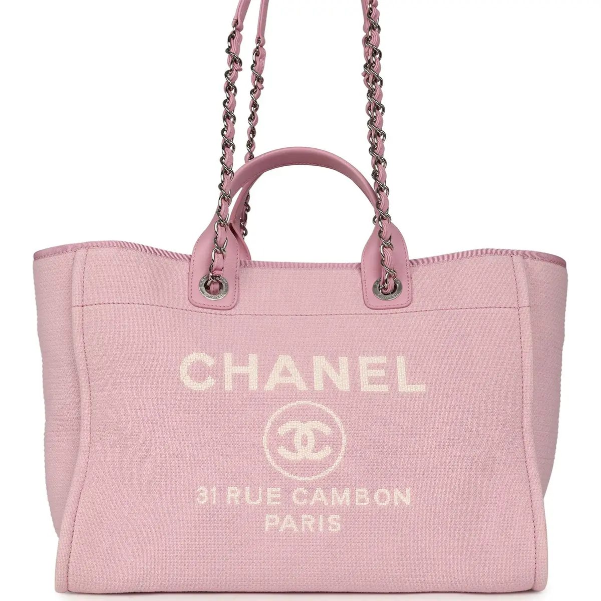 Chanel Chanel Medium Deauville Shopping Tote Pink Canvas Silver Hardware | Image 1 Chanel Chanel Medium Deauville Shopping Tote Pink Canvas Silver Hardware | Image 1