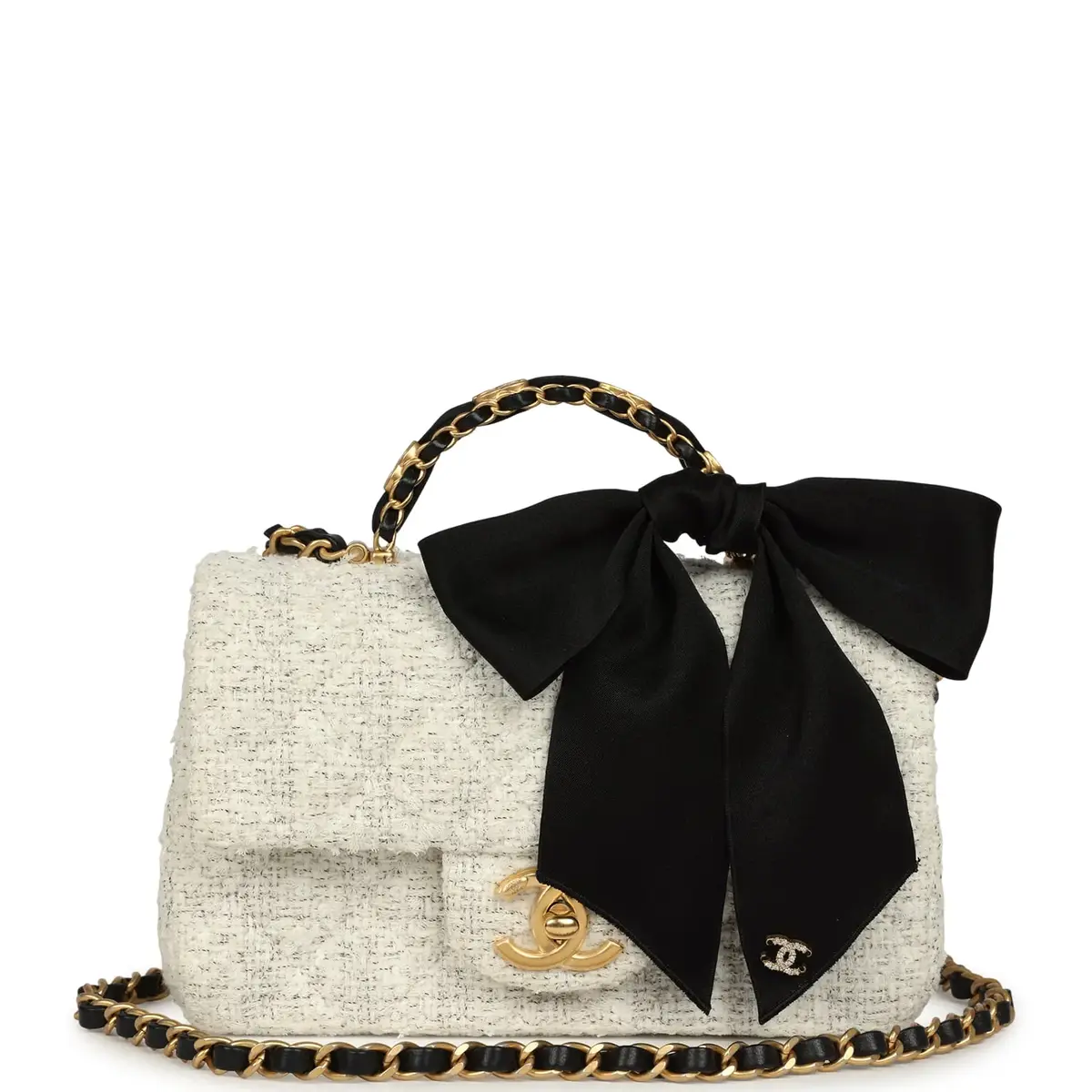 Chanel Chanel Mini CC Rectangular Flap Bag with Top Handle White Tweed Brushed Gold Hardware | Image 1 Chanel Chanel Mini CC Rectangular Flap Bag with Top Handle White Tweed Brushed Gold Hardware | Image 1