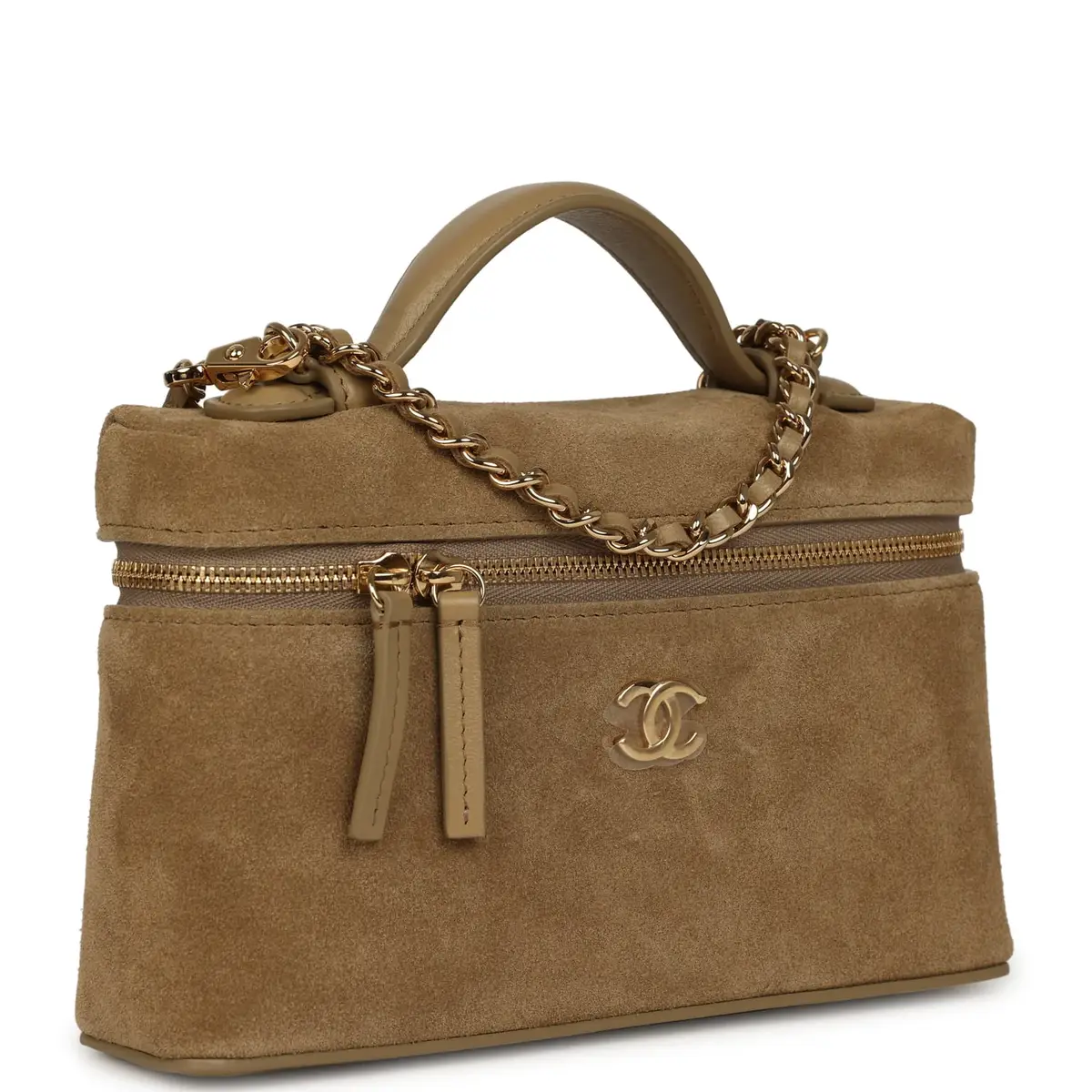 Chanel Chanel Top Handle Long Vanity Case with Chain Dark Beige Suede Gold Hardware | Thumbnail 2