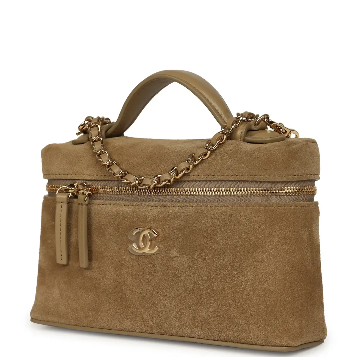 Chanel Chanel Top Handle Long Vanity Case with Chain Dark Beige Suede Gold Hardware | Thumbnail 5