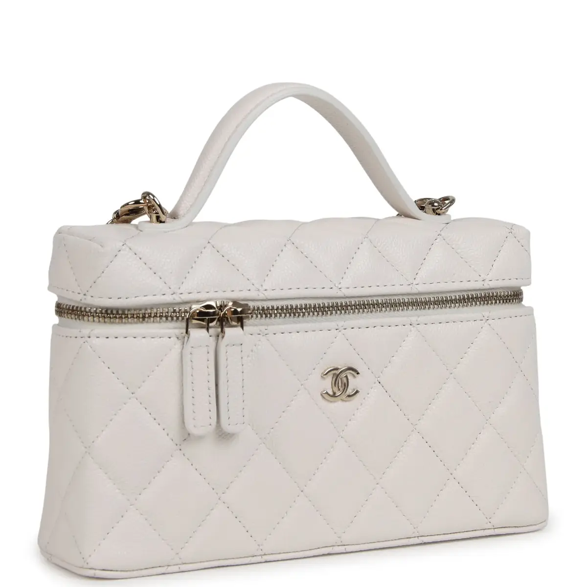 Chanel Chanel Top Handle Long Vanity Case with Chain White Shiny Caviar Light Gold Hardware | Thumbnail 2 Chanel Chanel Top Handle Long Vanity Case with Chain White Shiny Caviar Light Gold Hardware | Thumbnail 2