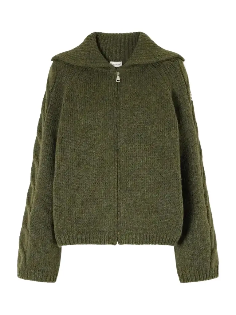 Moncler Logo-appliqué Cable Wool-blend Cardigan | Image 1 Moncler Logo-appliqué Cable Wool-blend Cardigan | Image 1