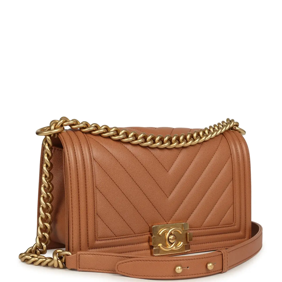 Chanel Pre-owned Chanel Medium Chevron Boy Bag Brown Caviar Antique Gold Hardware | Thumbnail 2